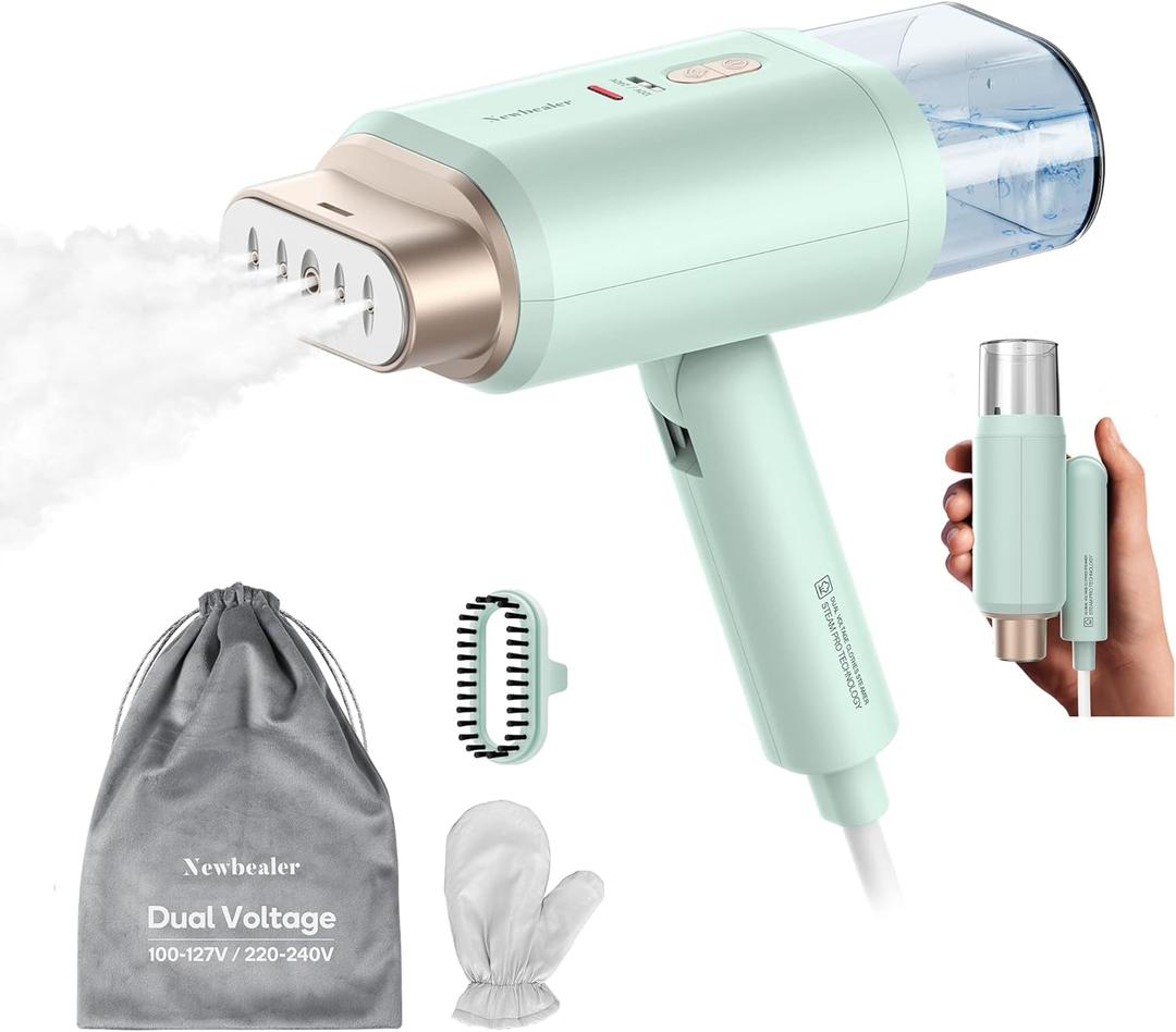 Newbealer Dual Voltage Travel Steamer - 120V/220V Handheld Steamer for Clothes, 1200W Horizontal & Vertical Steaming, 20s Heat-up, Foldable, 180ml Garment Wrinkle Remover (Green) (Green (100-240V))