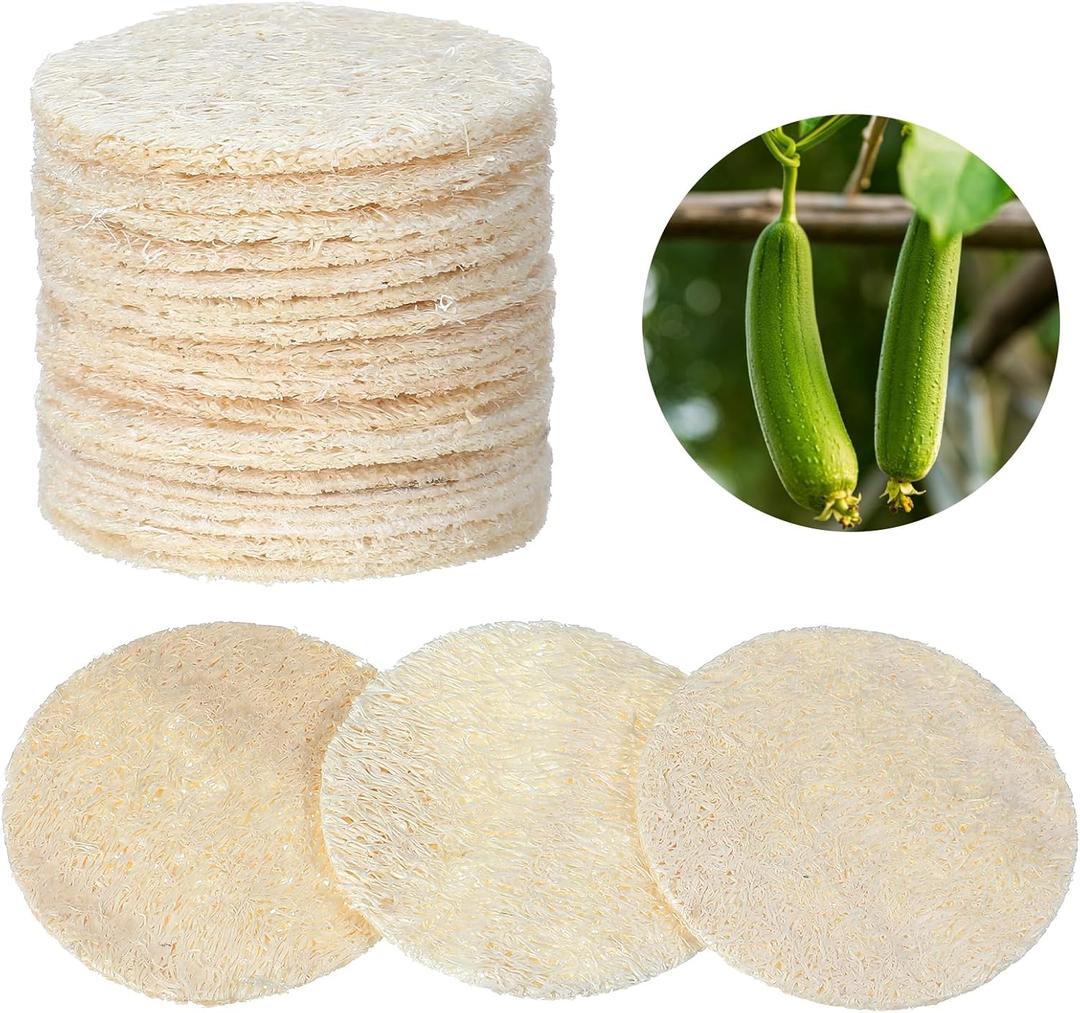 Nogeqi 30 Pcs Natural Loofah Sponge Pads, 2.36 Inch Exfoliating Body Facial Scrub Pads for Makeup & Dead Skin Masks Removal Washing Face, Exfoliator Scrub Brush for Men Women Bath Shower Spa