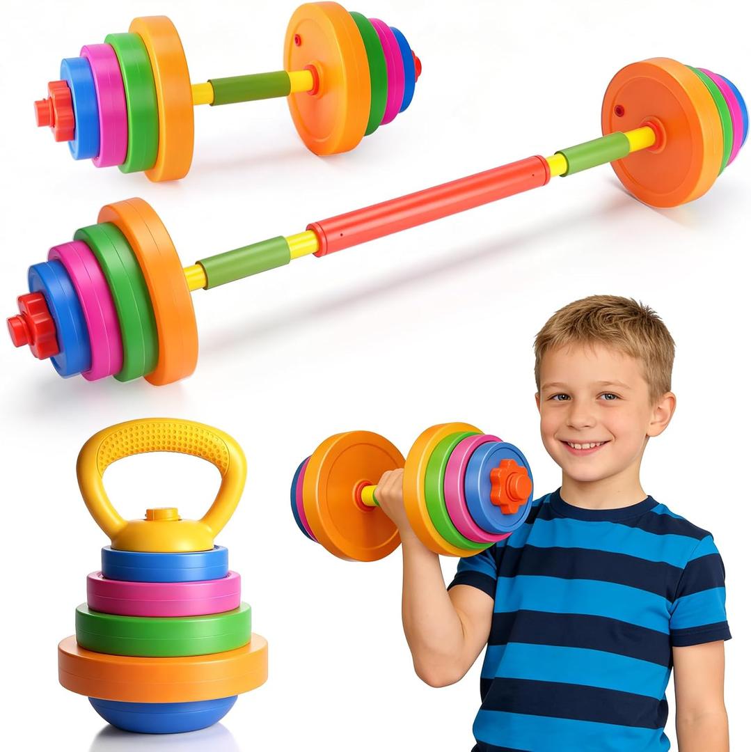 AuntyFey Kids Workout Equipment, 3 in 1 Adjustable Weight Toy Equipment for Children Pretend Play Exercise, Toddler Beginner Gym, Fitness for Birthday Gifts (Dumbbell, Barbell, Kettlebell