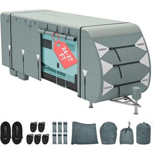 DWVO 24-27ft RV Cover, 5 Layers Travel Trailer Cover Camper Cover Super Thick Waterproof Windproof Anti-UV Rip-Stop Motorhome Covers with 2 Long Straps 4 Tire Covers Tongue Jack Cover (Gray)