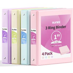 SUNEE 3 Ring Binder 1 Inch 4 Pack, Clear View 1" Binders Three Ring PVC-Free (Fit 8.5x11 Inches) for School or Office Supplies, Assorted Pastel