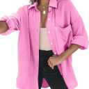 Dokotoo Womens Color Block Button Down Shirts Long Sleeve Oversized Boyfriend Blouses Tops (X-Large, 1 Rose Pink)