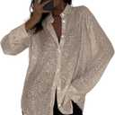 Womens Sequins Long Sleeve Collared Shirt Button Down Open Front Shirt Loose Blouses Shirts Tops (Medium, Apricot Silver)