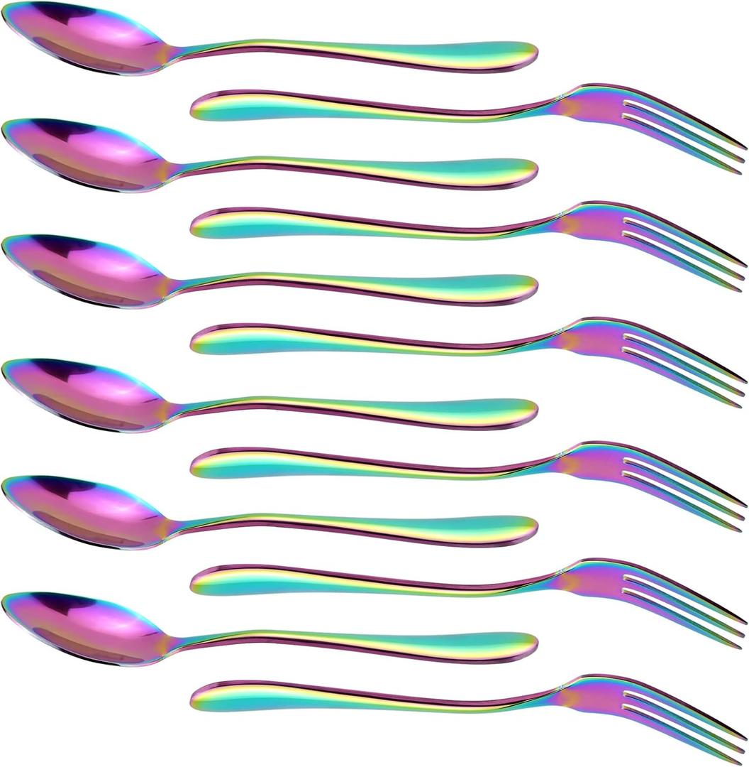 RETON 12 Pcs Dessert Forks and Spoons Silverware Set, Stainless Steel Rainbow Mini Forks and Spoons, Small Appetizer Cocktail Fruit Forks, Mini Coffee Spoons Teaspoon for Kitchen (6+6)