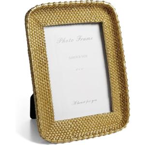 4x6 Picture Frame Vintage Gold Metal Rattan Textured Hand-Crafted Photo Frame with Glass Front, Antique Picture Frame for Tabletop Display & Wall Display, Retro Design Home Decor