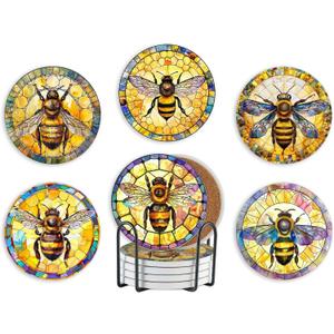 Bee Gifts Coaster, Ceramic, Set of 6, with Gift Box, Absorbent with Cork Base, Gifts for Bee Lovers, Home Decor for Housewarming, Thanksgiving, Birthday, Christmas