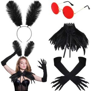 4 Pcs Halloween Mothman Costume Accessories Include Paw Gloves Glasses Feather Headband Black Feather Collar for Unisex Adults Women Halloween Party Cosplay Set Supply