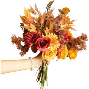 2pcs Boho Style Artificial Flower Bouquets,17 Inch Bohemian Style Fall Flower Wedding Bouquets for Bridal Bridesmaid,Rustic Home Dcor Centerpiece(Orange Color Scheme) (2pcs in Pack)