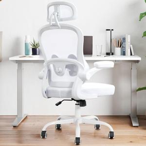 Ergonomic Office Chair,Ultra Thick Office Desk Chair with Adjustable Lumbar Support and Headrest,Spring Cushion,Rocking Function,Flip-up arms,Mesh Computer Chair for Home Office,White, 21.2" W x 20.5" D x 24.8" W x 24.8" D x 50.3" H
