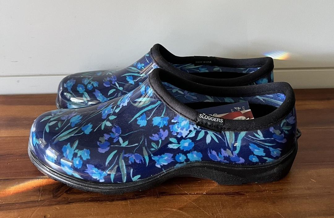 Sloggers Original Waterproof Rain and Garden Shoe for Women– Outdoor Slip-On Garden Clog - Made in The USA with Premium Comfort Insole and Arch Support - Grungy Paw Print Blue, Size 8
