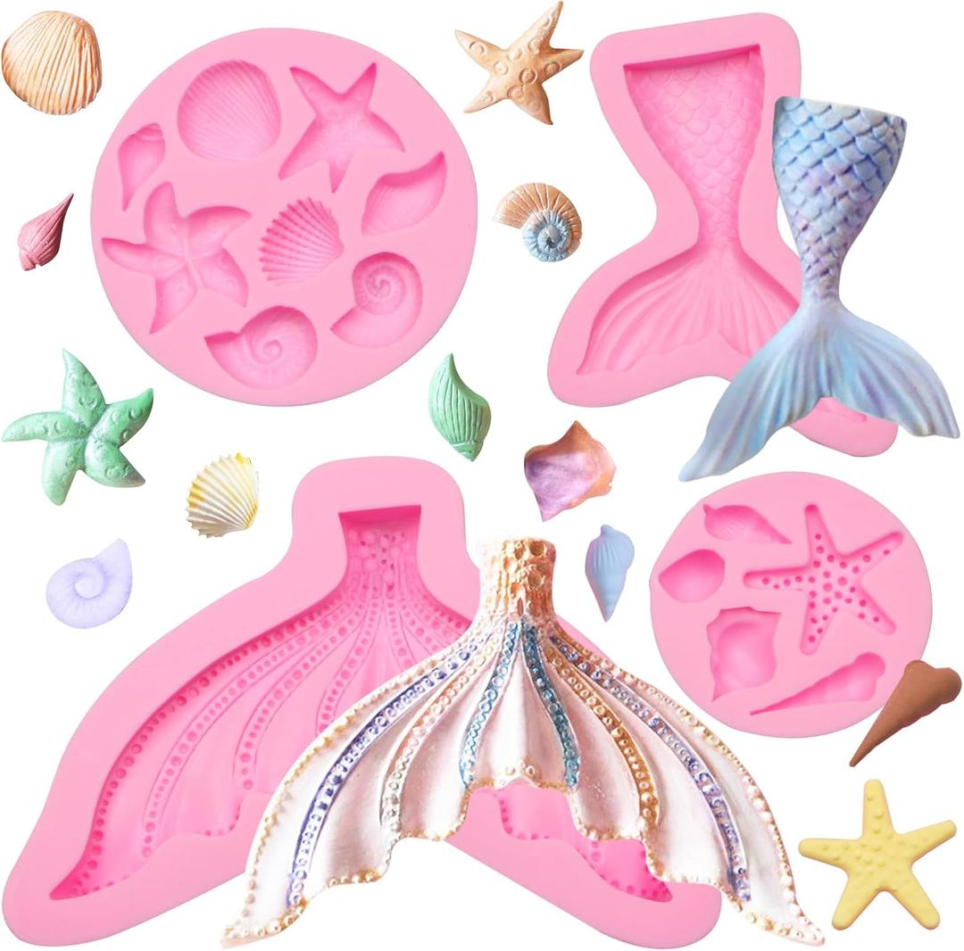 Marine Theme Fondant Molds 4 Pcs, Mermaid Tail Seashell Conch Starfish Baking Chocolate Silicone Molds for Cake Decoration Candy Sugar Cupcake Topper Cake Pop Popsicle Polymer Clay Crafts Fishtail
