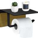 Toilet Paper Holder with Shelf Bamboo and Metal Toilet Tissue Roll Holder Wall Mounted Rustic Adhesive Toilet Paper Holder Tissue Holder for Bathroom (Black)