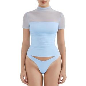 SUUKSESS Women Sexy Mesh Sheer Short Sleeve Tops Mock Neck Ruched Going Out Shirts, No Size SUUKSESS Women Sexy Mesh Sheer Short Sleeve Tops Mock Neck Ruched Going Out Shirts, No Size