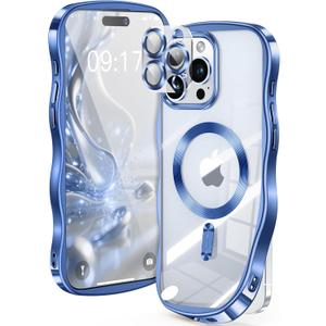 [CD Ring & Curly Wave Edge] for iPhone 15 Pro Case, 2025 Upgraded [Full Camera Protection] [Compatible with MagSafe] Plating Soft Non-Yellowing Clear Case for 15 Pro 6.1 " Men Women ,Titanium Blue