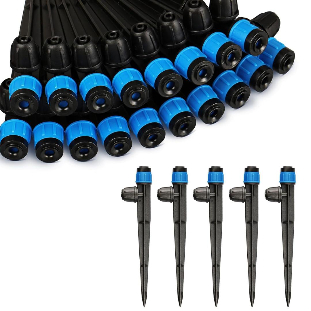 50PCS Drip Irrigation Emitters Fittings: Adjustable Irrigation Sprayer for 1/4 inch Drip Tubing Full Circle Vortex Stream Dripper on 5" Arrow Stake Barbed Locked Nuts Connectors