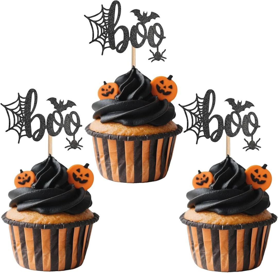 2 x GYGYL 24 PCS Halloween Cupcake Toppers, Glitter Boo Spider Web Bat Cupcake Picks for Halloween Theme Birthday Party Supplies (Boo)