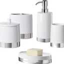 Bathroom Accessories Set, 5-Piece Ceramic Bath Accessory Complete Set with Lotion Dispenser/Soap Pump, Cotton Jar, Soap Dish, Tumbler and Toothbrush Holder (White and Silver)