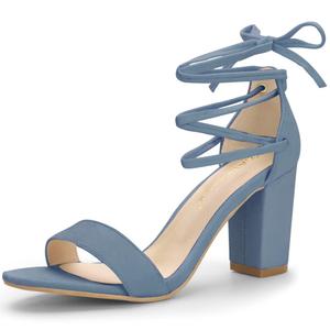 Strappy Heels for Women Chunky Heels High Heeled Sandals with Lace Up Fahsion Casual Nude Block Heel Sandals size 9 Blue