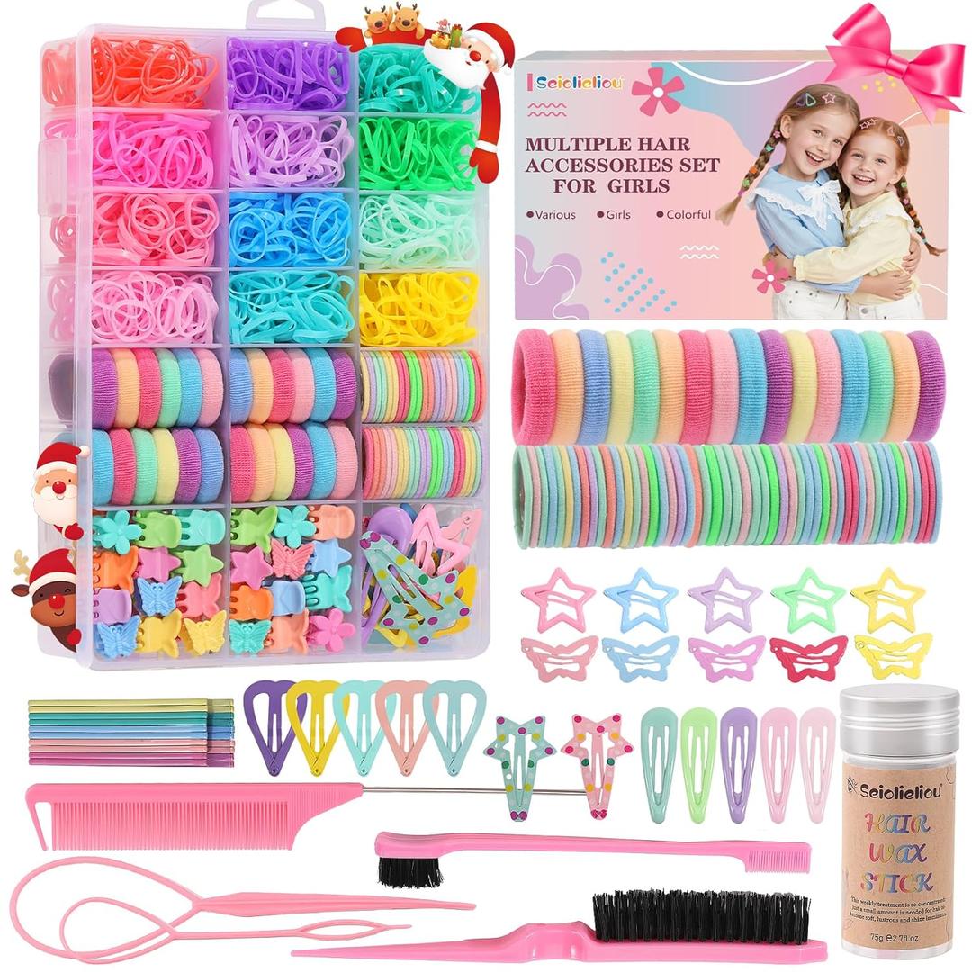 Hair Accessories for Girls, 1350P Colorful Hair Ties Set with 72P Hair Clips, Bobby Pins for Toddlers, Hair Wax Stick, Butterfly Hair Clips, Hair Barrettes with Comb Set&Organizer Box, Chirstmas Gifts
