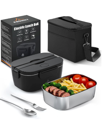 Heated Lunch Box,120W Electric Lunch Box for Adults with 1.5L 304 Stainless Steel Container, 12V/24V/110V Lonchera Eléctrica Portátil for Travel,Work,Car,Truck (Pure Black, 1.5L)