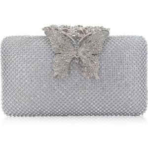 Dexmay Rhinestone Clutch Bag with Crystal Butterfly Clasp Women Evening Handbag Formal Party Purse (Silver)