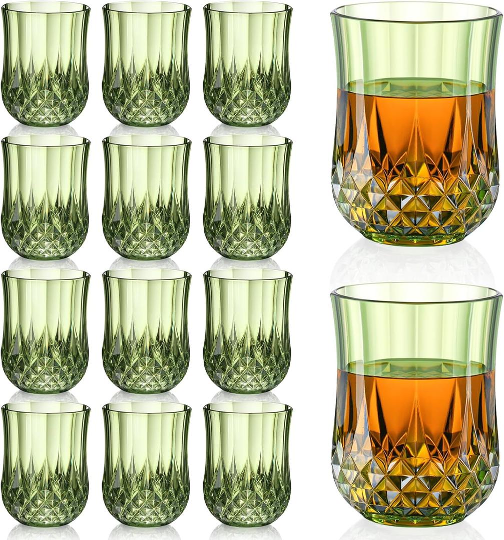 12 PCS 3 oz Mini Vintage Shot Glasses Green Plastic Crystal Tequila Glasses Vodka Glass Set Small Whiskey Glasses Espresso Shot Cups Clear Disposable Liquor Cups for Party Engagement Wedding Birthday