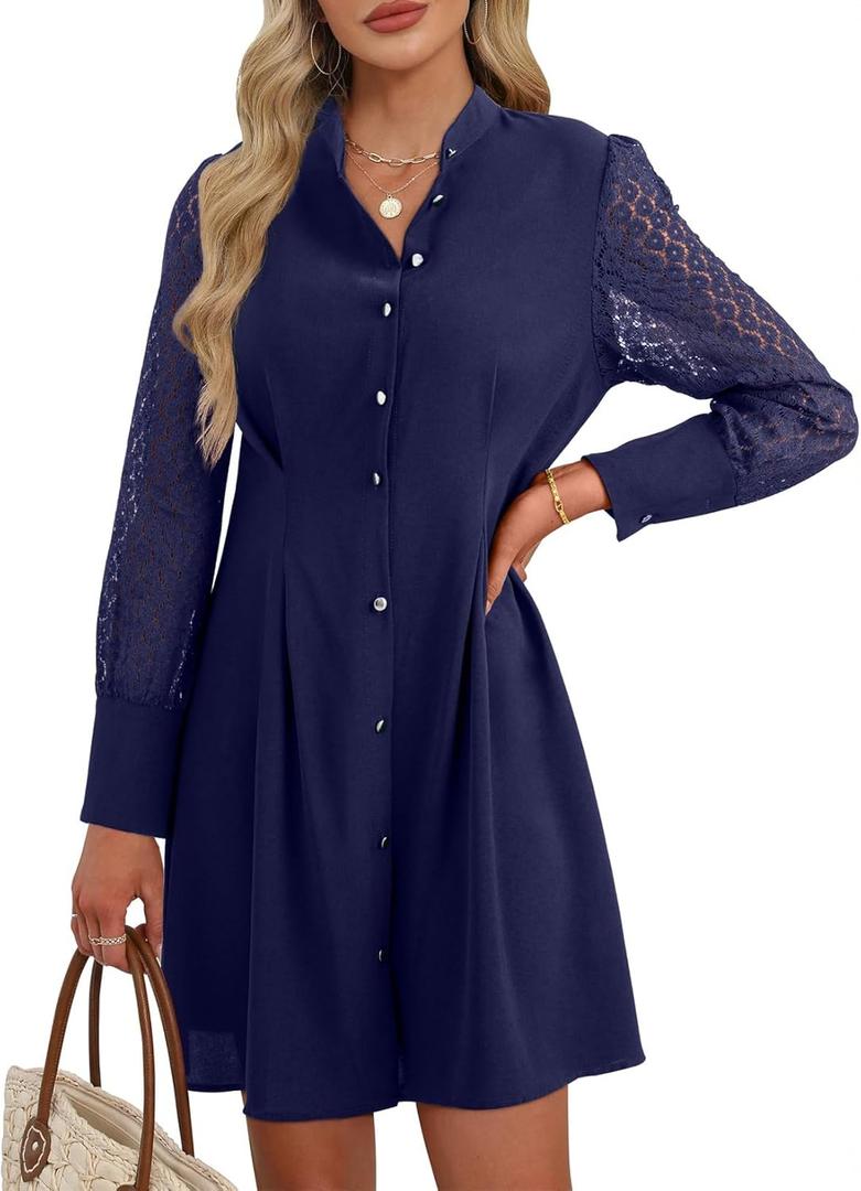 Happy Sailed Dresses for Women 2025 Elegant Classy Fall Winter Crewneck Lace Long Sleeve Button Slim A Line Mini Dress Navy Blue Large