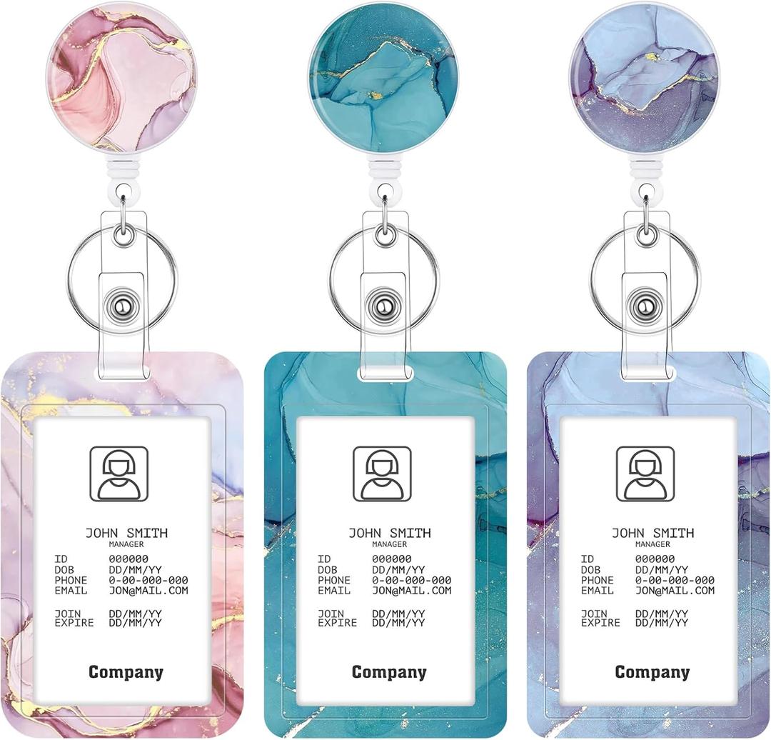 3 Set Heavy Duty Badge Holder with Retractable Reel, Marble Retractable ID Badge Holders with Clip Name Key Card Holder Case for Teacher Nurse Doctor Student Office Gift for Coworkers