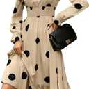 Women's Autumn Dress Long-Sleeved v-Neck Cinched Waist Elegant Large Polka Dot Long Dresses (Beige, M)