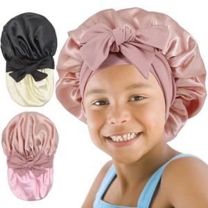 2 PCS Kids Bonnet for Girls Double Layer Silk Satin Bonnet Sleep Cap for Child Curly Natural Hair 3-12Y (Pink&Black)