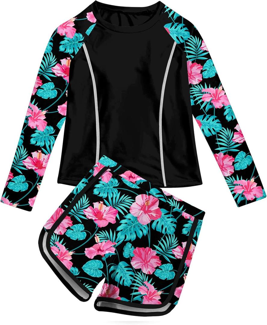 Vogseek Girls Rash Guard Swimsuits 2 Piece Bathing Suit UPF 50+ Summer Swimwear Size 7-12T (7-8 Years, A Black Red)