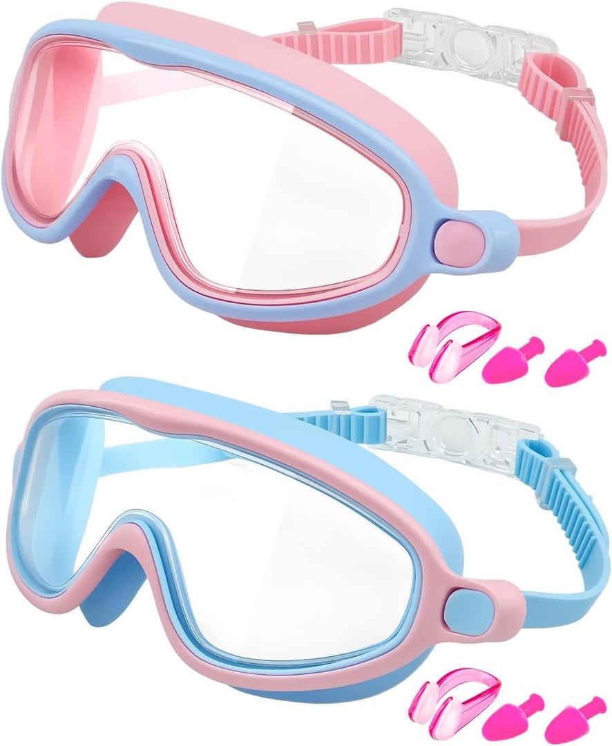 Rantizon Swim Goggles 2 Pack, Wide View Anti Fog&UV Swimming Goggles for Audlt, No Leaking Pool Accessories for Men Women Kid (Blue & Blue Pink)