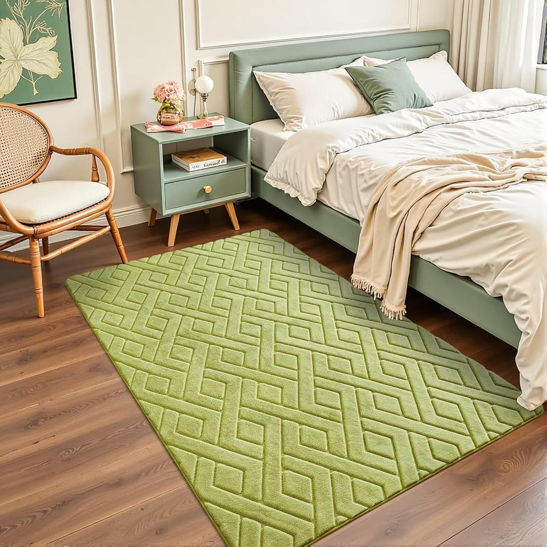 3x5 Green Washable Area Rug for Bedroom, Modern Geometric Shag Non-Slip Living Room Rugs, Fluffy Plush Soft Memory Foam Carpet for Kids Girls Boys Room Nursery Room Dorm Bedside Decor
