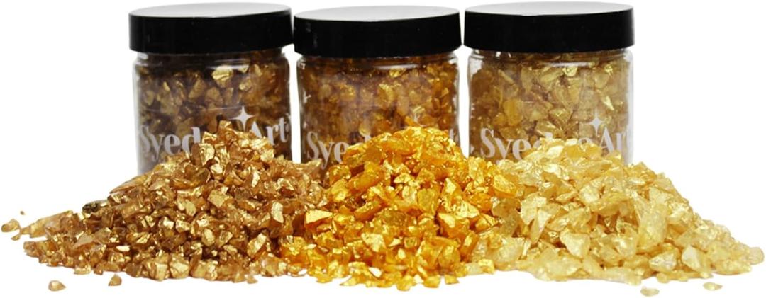 Syedra Crushed Glass for Crafts, 3-6mm,Set of 3, High Luster Chips, Glitter,Broken Glass Pieces, (Gold 1LB)