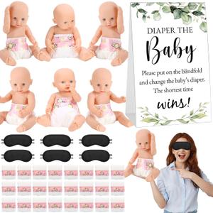 37 Pcs Baby Shower Diaper Changing Game Supplies Including Dolls Blindfold Diapers Cardboard Sign Baby Changing Diaper Race Game Set for Gender Reveal Party (Cute)