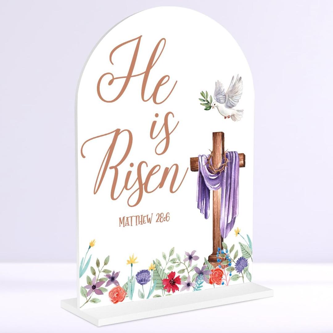 2 x He is Risen Easter Decor He is Risen Table Decor Religious Easter Decorations for Home Christian Gifts with Bible Verse Sign Arch Acrylic 6x8 Inch for Table Home Party White