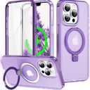 Turquiase for iPhone 14 Pro Max Full Body Shockproof Case with Magnetic Invisible Stand [Compatible with MagSafe] Built-in Screen Protector Military Drop ProtectionTranslucent Phone Cover -Purple