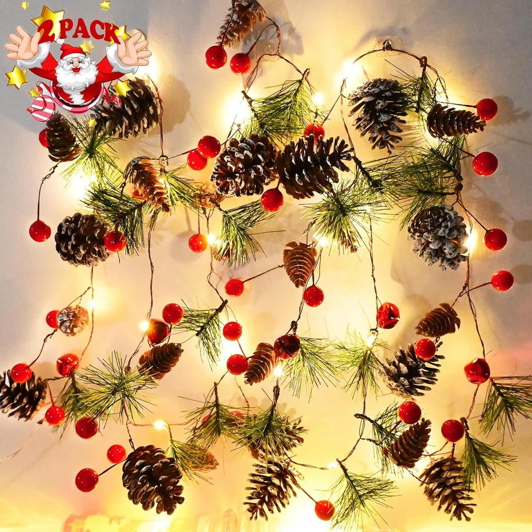 Christmas Pine Garland with Lights 13 Feet 40 LED Battery Operated Garland with Red Berry and Led Lights Xmas Tree Holiday Garlands for Home Windows Fireplace Stairs (Green-2 Pack)