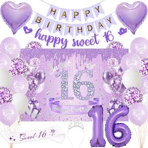 Sweet 16 Birthday Party Decorations for Girls - Purple 16th Happy Birthday Banner Heart Balloons Number 16, Photo Backdrop Crown Sash Party Supplies for Sixteen Years Old