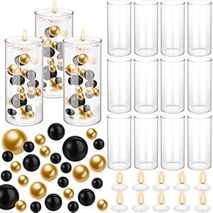Nuanchu 20156 Pcs Centerpiece Vase Decor 12 Cylinder Vase 24 White Floating Candles 120 Gold and Black Simulated Pearls 20000 Pcs Clear Water Gel for Bottle Fillers,Valentines Wedding Centerpiece