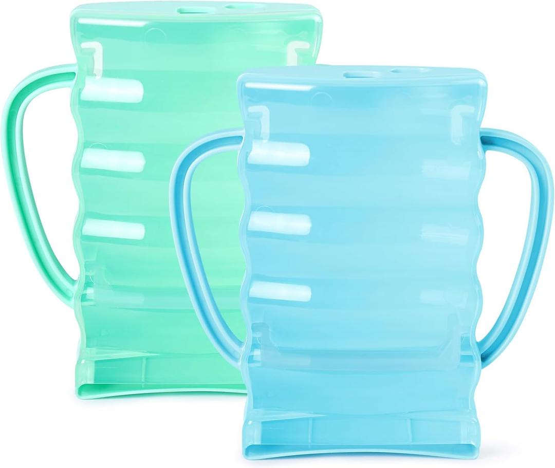 Dilovely Pouch Holder No Squeeze, Anti-Squeeze Juice Box Holder for Self Feeding, Ajustable Reusable Baby Food Pouch Holder Spill Proof for Apple Sauce Yogurt Fruit, 2 Pack, Blue& Green