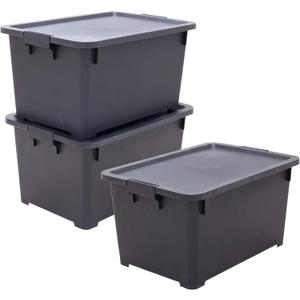 ASTAGE 35qt Stackable Rolling Storage Tote Plastic Bins Container Box Organizing Box Opaque Storage bins with Lids for Closet Garage Office - 3pack (Black, 35qt)