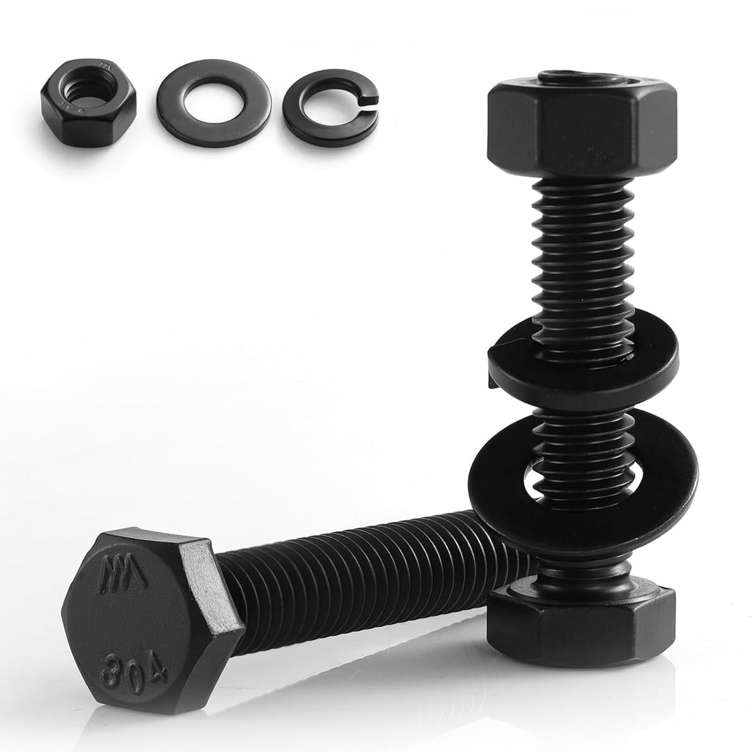 BNUOK 1/4-20 x 1-3/4" Hex Head Screws Bolts,Hex Nuts,Flat & Lock Washers,304 Stainless Steel 18-8,Black Zinc Plated,Fully Threaded(48 Sets)