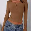 PRETTYGARDEN Women's 2025 Summer Long Sleeve Henley T Shirts Ribbed Knit Button Slim Fitted Basic Casual Going Out Fall Tops (XX-Large, Brown)