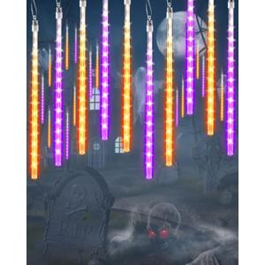 Halloween Lights Outdoor 20 Tubes 480 LED Raindrop Meteor Shower Icicle Lights with Timer Function Cascading Light Falling Rain Light for Halloween Orange Purple