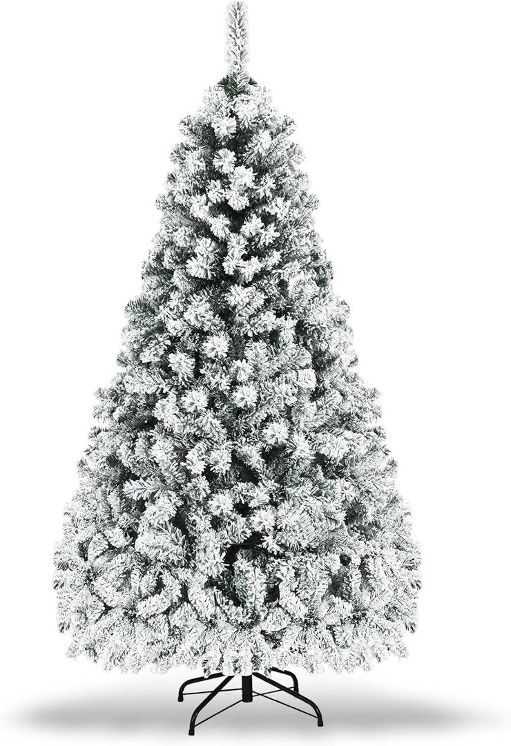 COSTWAY 7.5 FT Pre-Lit Christmas Tree, Snow Flocked Hinged Xmas Tree with 1010 Branches Tips & 450 LED Lights, Metal Stand, Artificial Pine Lighted Holiday Tree for Home Office Decorations