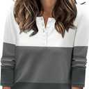 LUYAA Women's Long Sleeve V Neck Warm Henley Shirts Color Block Printed Button Down Tunic Tops Dressy Casual Winter Tops (Medium, White Grey Charcoal)