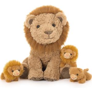 Tezituor 4 Piece Lion Plush Set,18 Inch Large Lion Stuffed Animals with 3 Cute Little Babies, Soft Cuddle Lion Plushies, Lions Stuffy Boys Girls Birthday Valentines Forest Party Decor