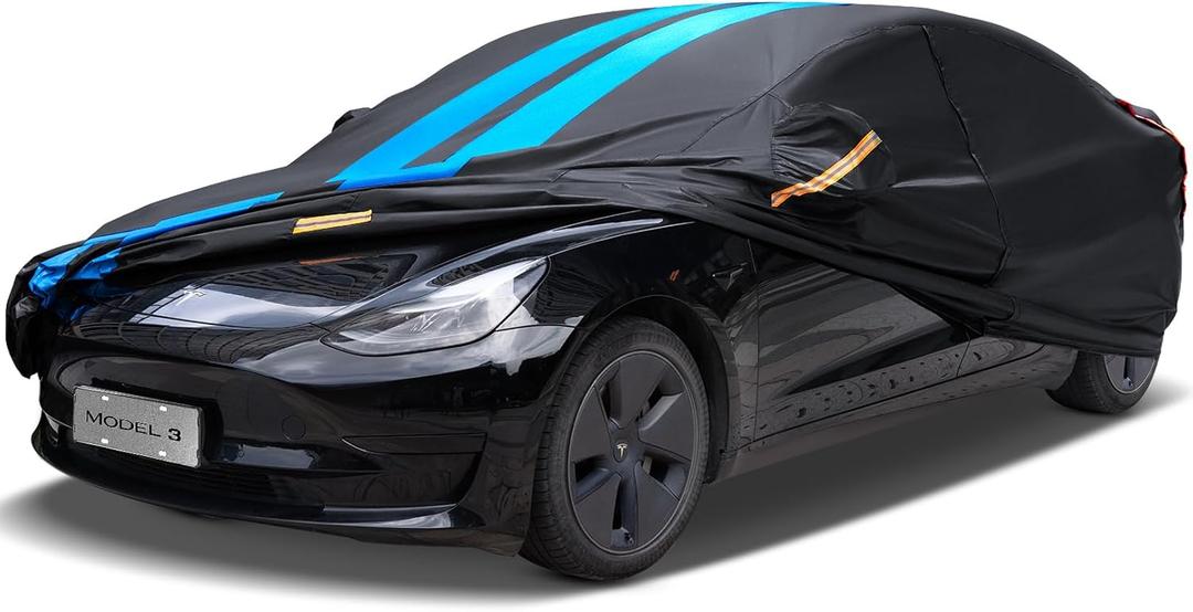 Car Cover Custom Fit for Tesla Model 3 2019-2024 Waterproof All Weather Rain Snowproof UV Protection Windproof with Charging Port, Ventilated Mesh, Zipper Door, Reflective Strip, Storage Bag (Blue)