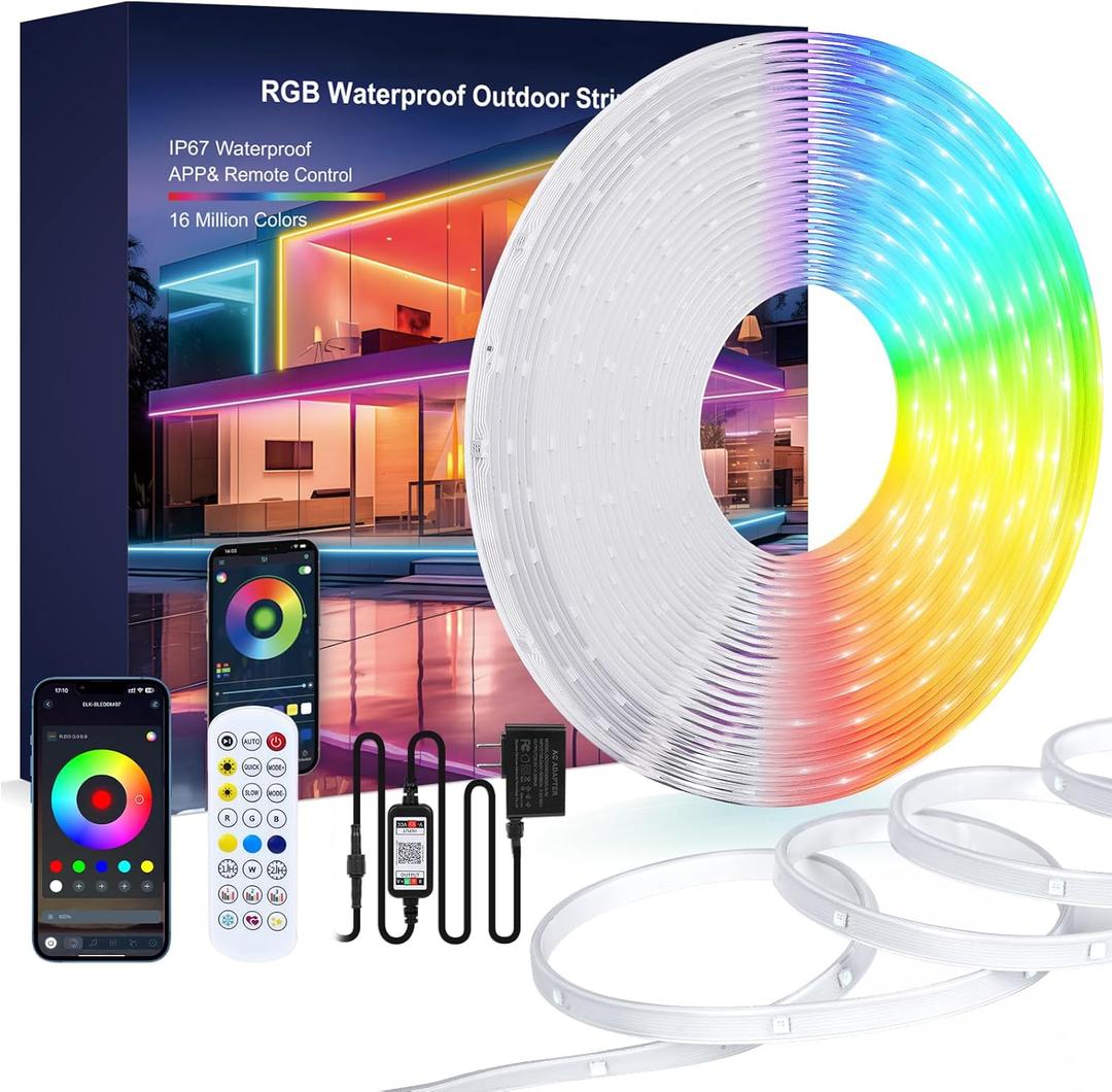 Outdoor LED Strip Lights, 100FT Waterproof IP67 Led Lights for Bedroom RGB, 24Key 2.4G Remote with App Control, Music Sync Color Changing Rope Lights for Room Decoration